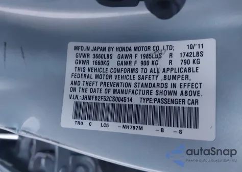 2012 Honda Civic Sdn Lx from USA, damaged, VIN JHMFB2F52CS004514